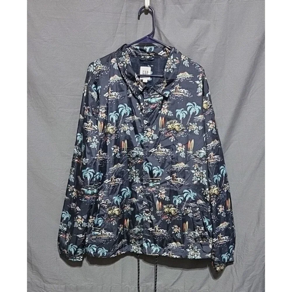 Gap Coach Jacket Mens XXL Tropical Hawaiian Windbreaker Snap Closure Drawstring